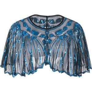 Women's Blue 1920s Shawl Sequin Beaded Evening Cape Retro Wedding Wraps Scarf